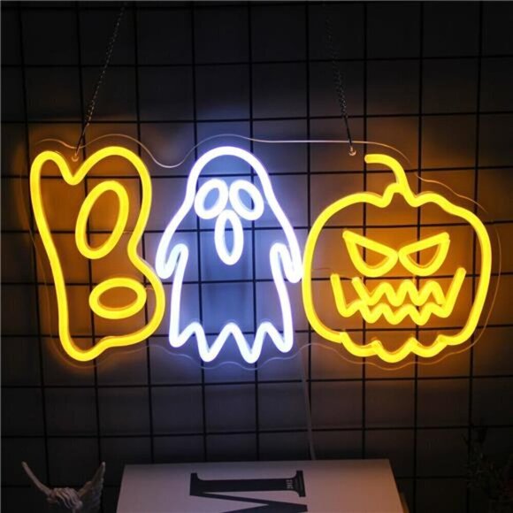 Halloween Boo Neon Sign Spooky Ghost Light Pumpkin House Decor Orange Pumpkin - Picture 2 of 8